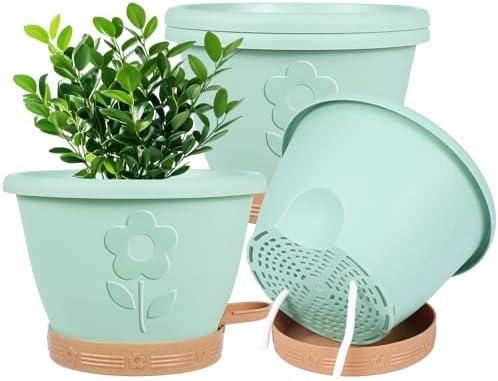 XMPBFYH Plant Pots, Flower Pots for Indoor/Outdoor Plants, Self Watering Plastic Planters Pots with Drainage Holes, Saucer & Reservoir, Decorative Nursery Planting Pots(10 Inch Set of 4)