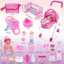 Baby Doll Stroller Play Set with 12.5" Baby Dolls, 28 Pcs Pretend Role Play Doll Accessories Including Crib, Dining Chair, Doll Clothes, Sunglass, Handbag for Girls Toddlers 3-5 4-6 5-7, 21.65 X 11.02 X 7.87 Inches