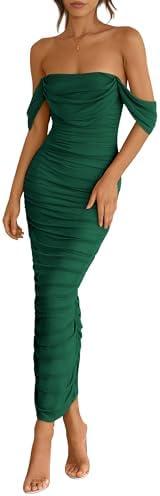 PRETTYGARDEN Womens 2025 Summer Off The Shoulder Dress Ruched Bodycon Sleeveless Split Cocktail Party Maxi Dresses, (XL)