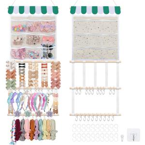 2 x New Upgraded Bow Holder Headband Organizer w/ 9 Mesh Pockets, Large Capacity Hair Bow Organizer for Girls, Wall Hair Accessory Organizer for Nursery Room Decor(32x15inch,Beige Green)