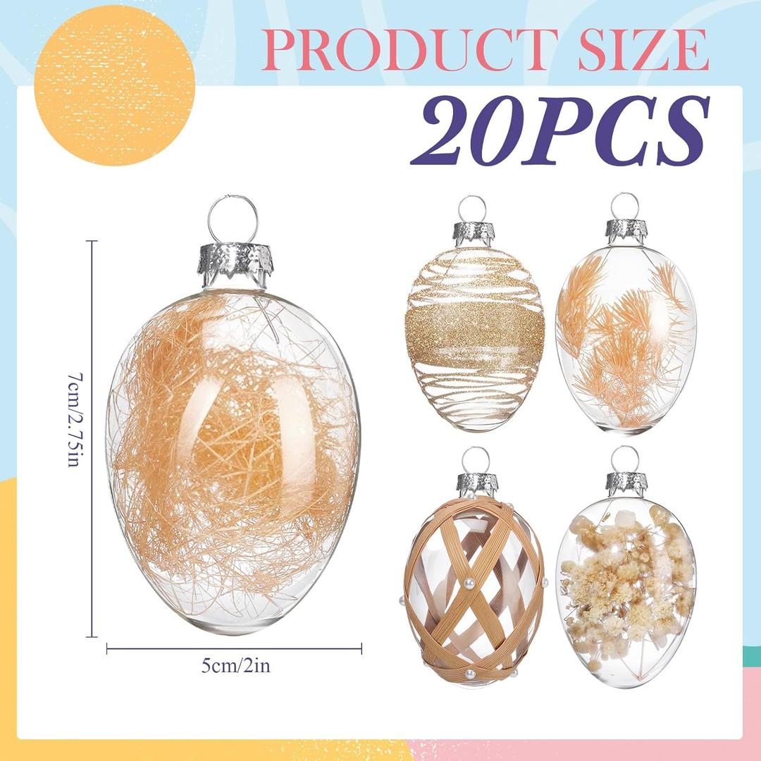 20 Pcs 2.75'' Glass Easter Egg Tree Ornaments Rustic Boho Easter Tree Hanging Decorations Farmhouse Basket Filler Clear Shatterproof Hanging Ornaments for Home Spring Holiday Party Decor