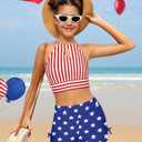 Girls 4th of July Swimsuit Size 8-10 Girls Tankini Swimsuit Blue-White Striped Halter Neck 4th of July Girls Swimsuit US Flag Swim Shorts 2 Piece Girls Swimwear, Size 150