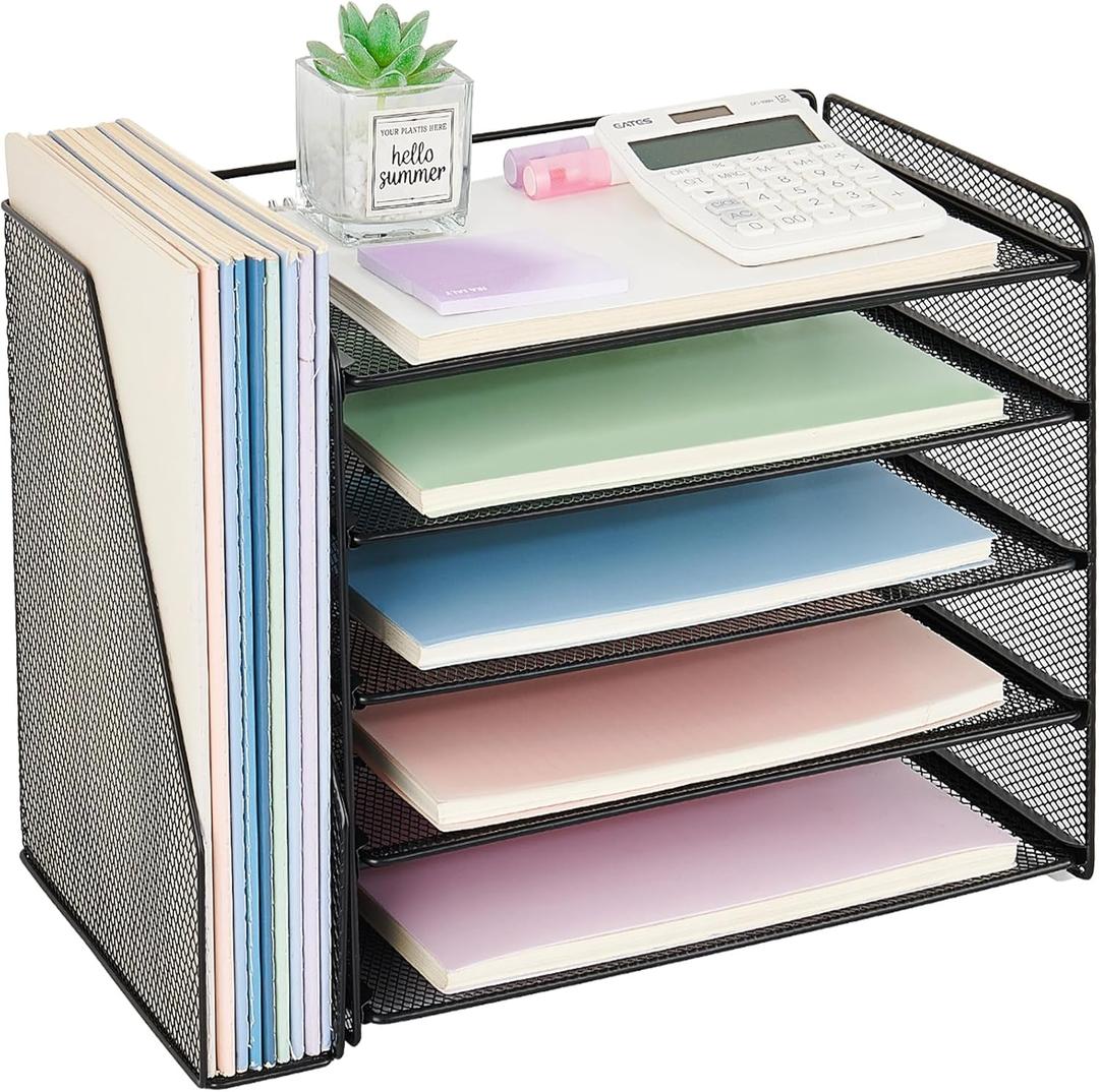 OPNICE Desk Organizer, 5-Tier Paper Organizer Letter Tray with Magazine Holder, Office Desk Accessories & Workspace Organizers, Desktop File Organizer for Office Supplies Storage, Black (15.5" x 9" x 10.3")