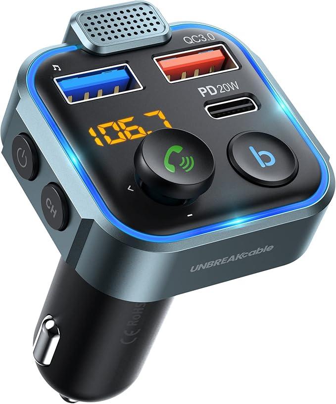 UNBREAKcable Bluetooth 5.3 FM Transmitter for Car, [PD 20W + QC 3.0] [Stronger Microphone & HiFi Bass Sound] Cigarette Lighter Radio Music Adapter Charger, Supports HandsFree Siri Google Assistant