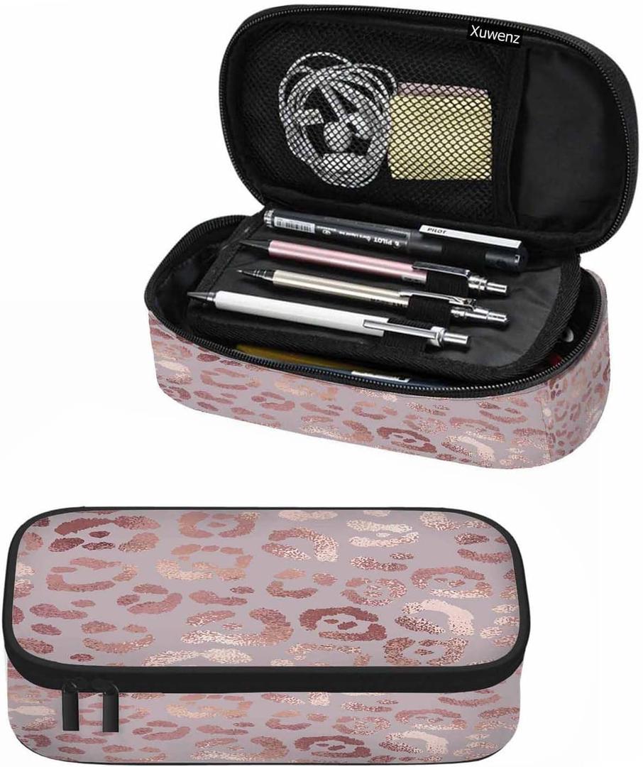 Rose Gold Leopard Pencil Case Organizer Leopard Skin Elegant Texture Beautiful Stationery Box Makeup Box School Supply for Boy Girl Men Women