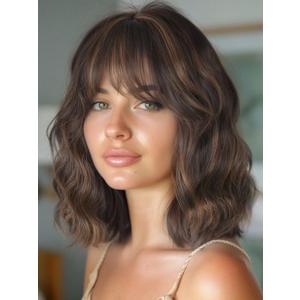 WIGER Short Brown Highlight Wave Hair with Bangs Synthetic Bob Curly Wigs Mixed Brown Wavy Wig for Young and Middle-aged Women Daily or Cosplay Use