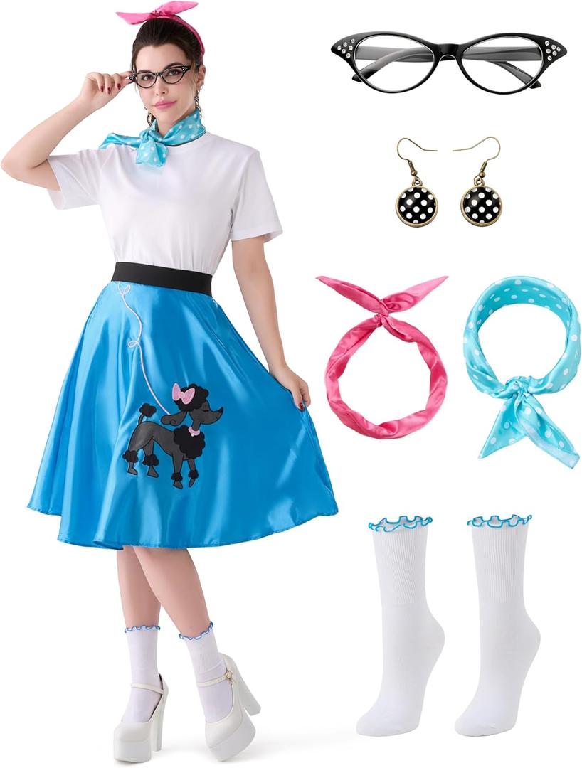 Spooktacular Creations Halloween 6Pcs 1950s Outfits for Women, Poodle Skirts for Women 50s Costume Set with Socks for Cosplay (Small, Blue)