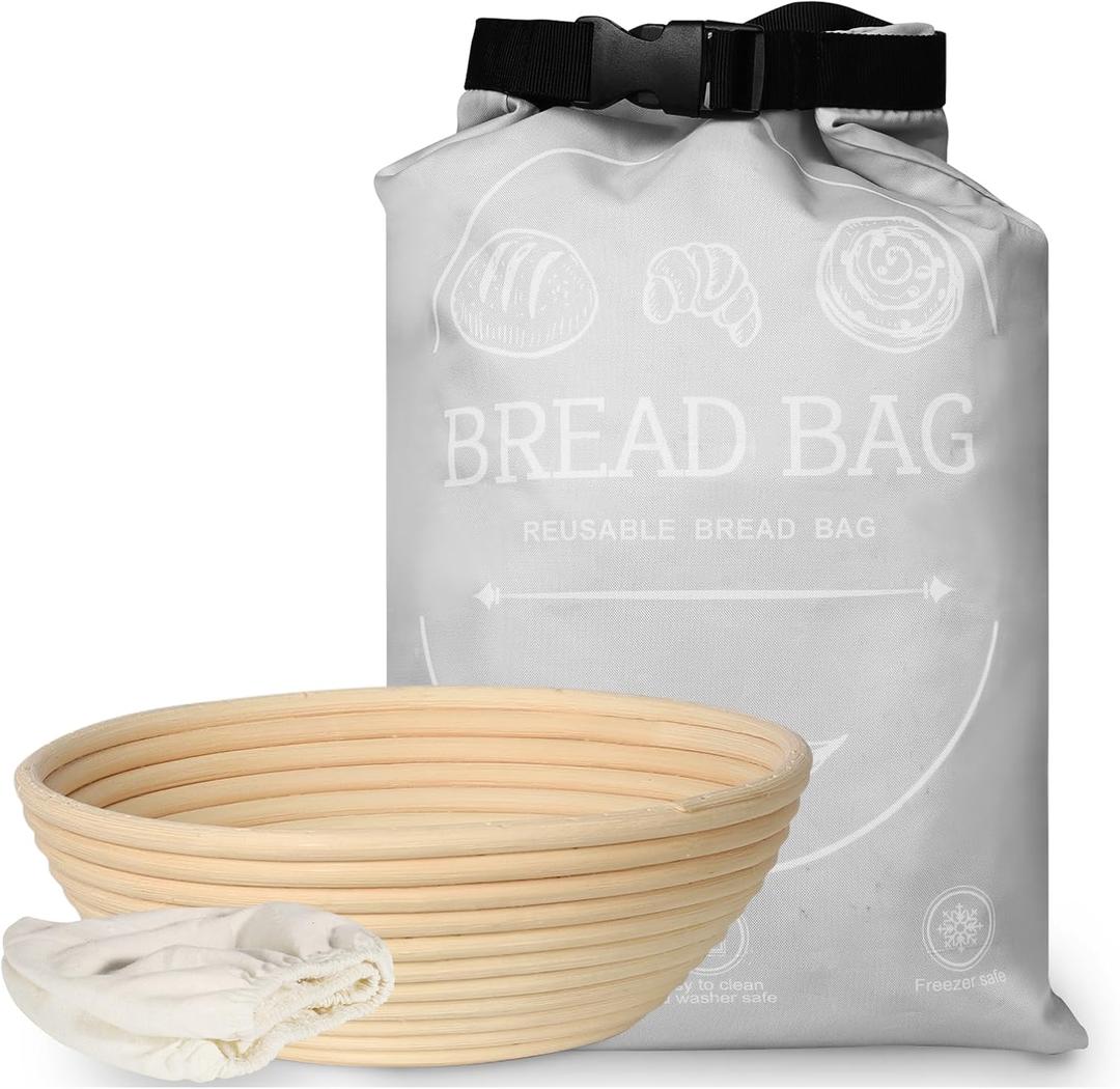 Banneton Sourdough Bread Proofing Basket Set  9 Inch Round Natural Rattan Dough Bowl with Reusable Bread Bag Storage, Set of 2, Gift for Bakers and Artisan Sourdough Rising and Baking