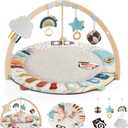 Blissful Diary Baby Play Gym & Activity Mat, 5 Developmental Zones Wooden Tummy Time Mat with 6 Detachable Sensory Toys for Motor Skills & Sensory Development, Baby Essentials Shower Gift