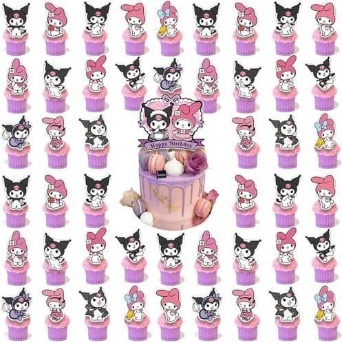 48 Kawaii Cupcake Toppers with 1 Happy Birthday Cake Topper, Educatgame Anime Themed Party Supplies, Perfect for Birthday Party Decorations (Style 5)