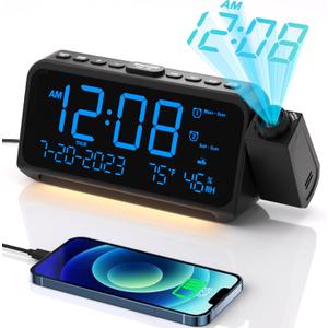 Projection Alarm Clock for Bedroom, Alarm Clock with 350 Rotatable Projector, 5 Brightness, Dual Alarm with Weekday/Weekend Mode, Temp & Humidity, Snooze, Bedside Alarm Clock for Heavy Sleepers(Blue)