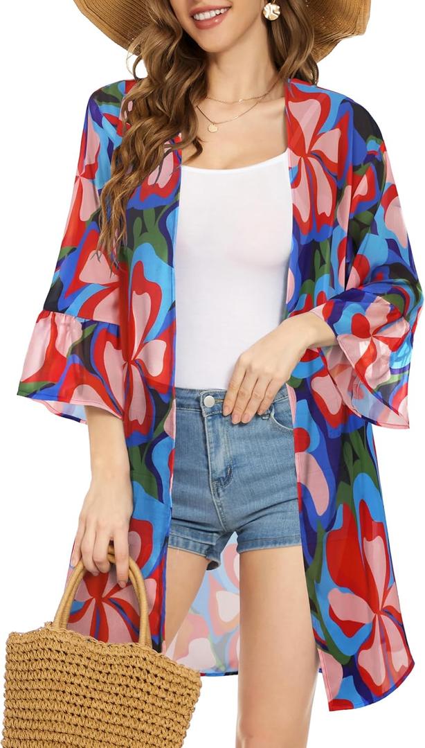 Women's Kimono Cardigans Floral Chiffon Loose Open Front Casual Summer Tops (S)