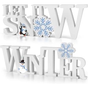 COCHIE Wooden Winter Let It Snow Sign, Snowflake Winter Decorations for Home, Office, Shelf, Mantel, Indoor, Blue White Wood Table Top Party Decor (White)