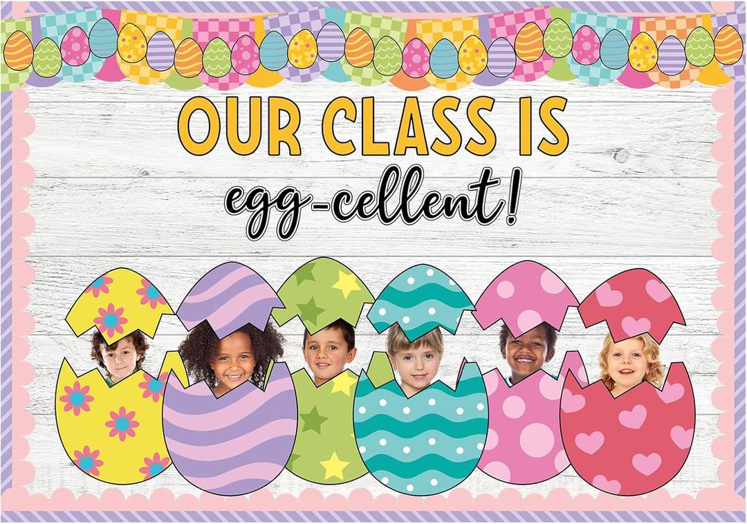 Gueevin 91 Pcs Easter Egg Bulletin Board Decoration Kit Our Class is Egg-cellent Wall Cutouts Classroom Decor with 140 Glue Points for Photo Easter Holiday Teacher School Office Chalkboard Supplies