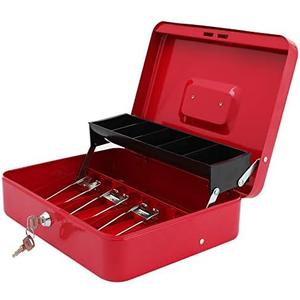 xydled Cash Box with Money Tray and Key Lock,Money lock box with Cash Tray,Safe Lock Box Tiered,4 Bill / 5 Coin Slots,11.8" x 9.5" x 3.5",Red No Key