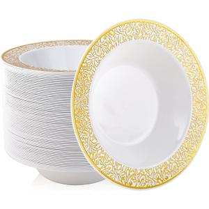 JOLLY PARTY 60 Disposable Gold Plastic Dessert Bowls, 12 oz Soup Bowls, Lace Christmas Thanksgiving Trim, Premium Heavy Duty Plastic Bowl for Wedding/Party (Gold)