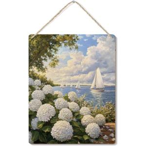 Wihte Hydrangea Floral Signs, Summer Coastal Landscape Wooden Plaque Signs Wall Hanging for Home Porch Front Door Decorations, Beachy Wall Decor, 10x8 Inch