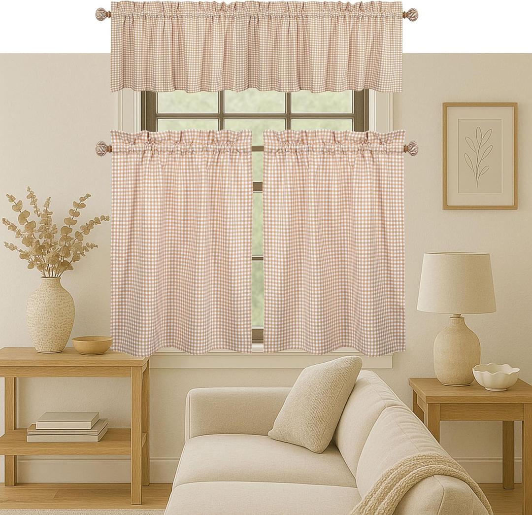 Native Fab Gingham Plaid Check 3 Pieces Window Curtain Tiers 26"x36" and Valance 54"x18" Set - Rod Pocket - Semi Sheer - Short Curtain for Kitchen, Bathroom, Living Room - Beige and White