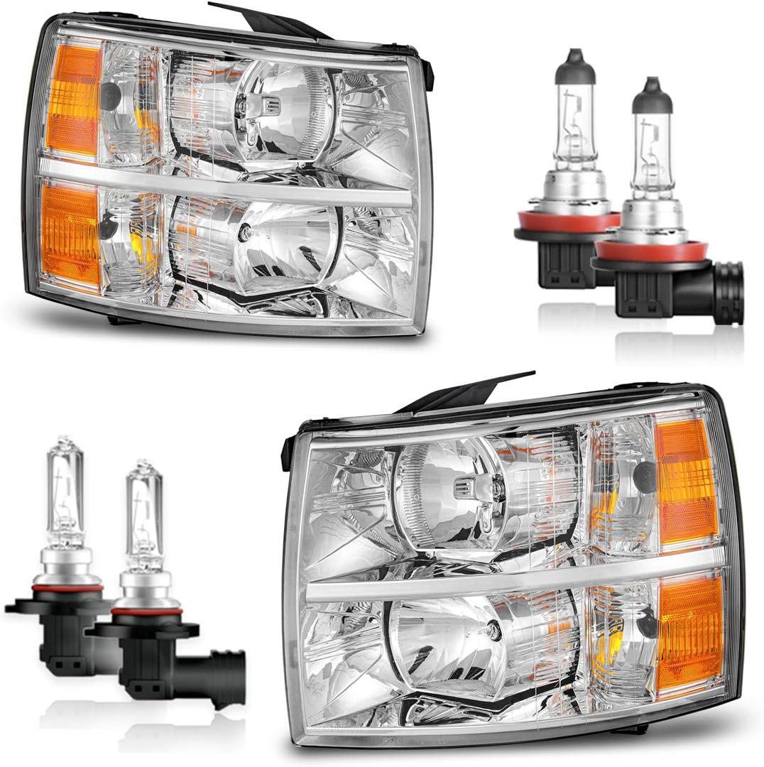 Headlights Assembly for 2007-2013 Chevy Silverado 1500 for 07-14 Silverado 2500HD 3500 Headlamp Replacement Chrome Housing Amber Reflector (turnsignal bulbs not included)