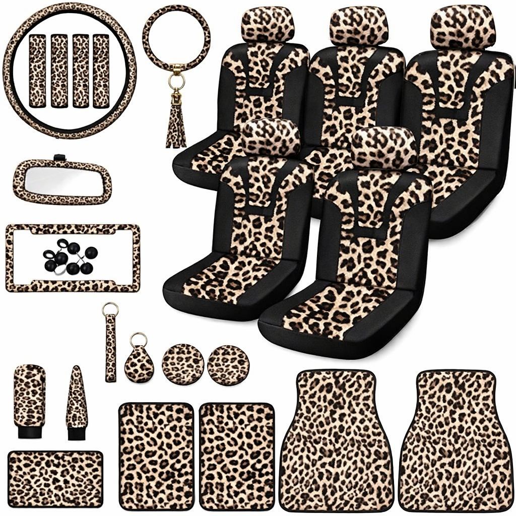 Tallew Leopard Car Accessories Seat Covers Full Sets Steering Wheel Cover License Plate Cover Rubber Car Floor Mat Leopard Protector Interior Accessories Universal Fits (Brown)