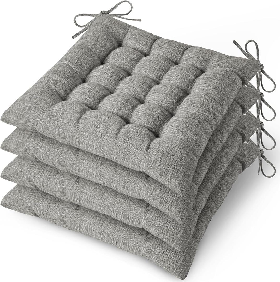 MineCozy Dining Chair Cushions Set of 4 with 16 Fixed Points Soft Kitchen Chair Pads with Ties Seat Cushion for Dining Room 42X42X7cm/16.5"X16.5"X2.7" Light Grey