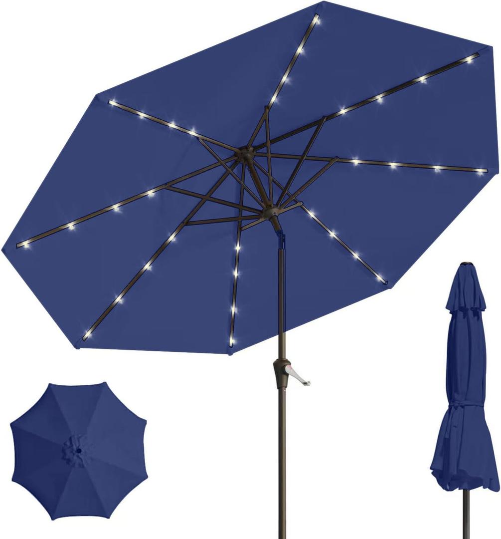 9' Solar LED Patio Umbrella with Tilt & Crank|8 Sturdy Ribs,UV Protection,Outdoor Market Table Umbrella for Deck,Lawn,Pool,Backyard(Navy), 107.98 inches x 92.4 inches
