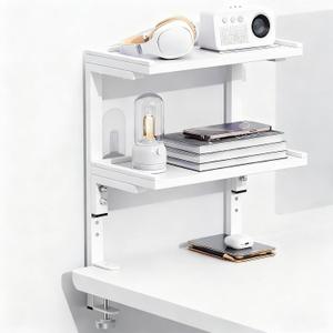 Spacrea clamp on Desk Shelf, 2 Tier Office Desk Shelves Organizer, Wood Desktop Supplies Storage Rack, Desk Organizers and Accessories (White)