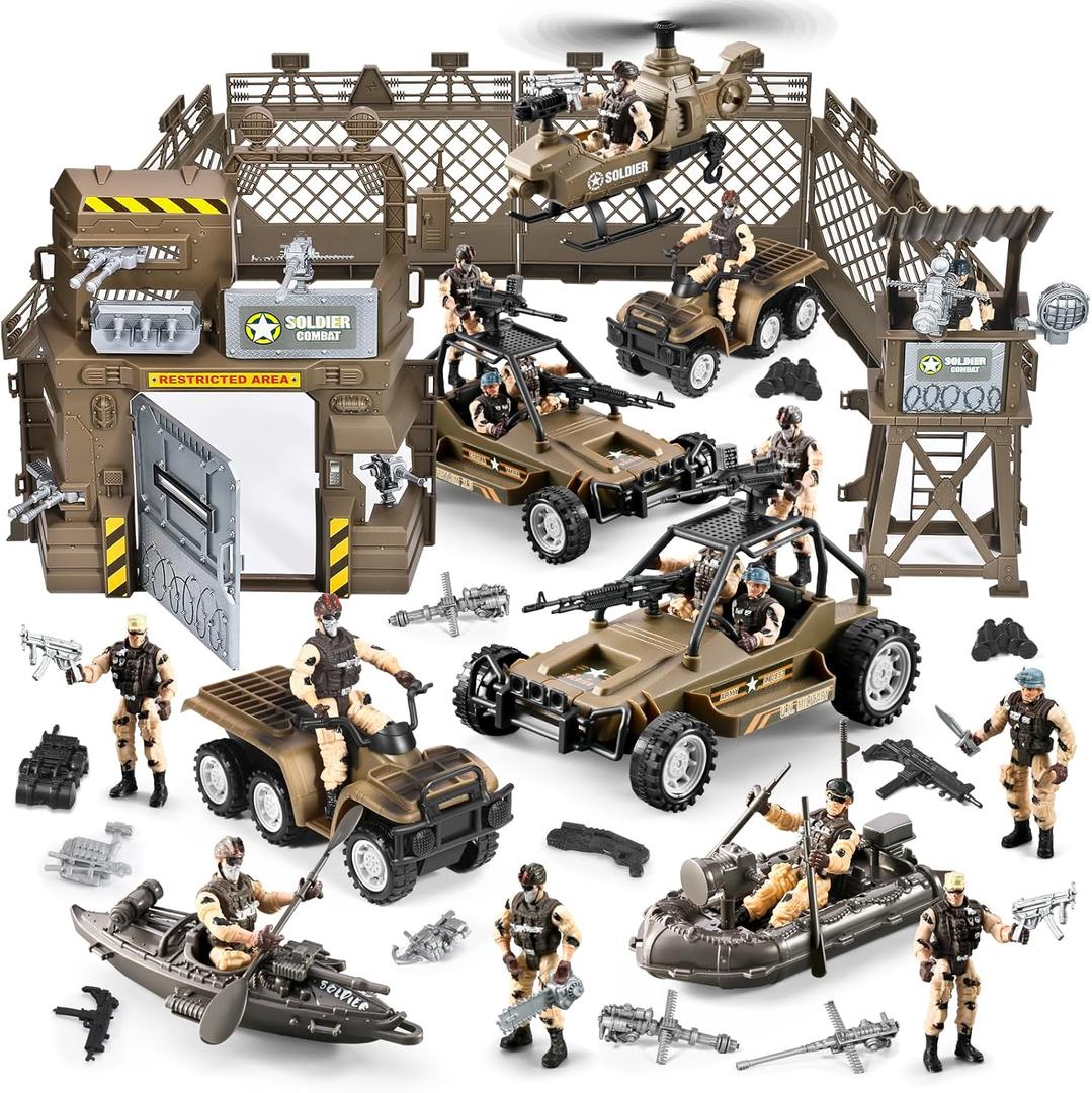 86-In-1 Army Men Toys for Boys 4-7 6-8 8-12, Military Base/Truck/Kayak Boat/Motorcycle/Helicopter/Army Men Action Figures/ Weapon Gear Accessories, Military Combat Toys Boys Christmas Birthday Gifts