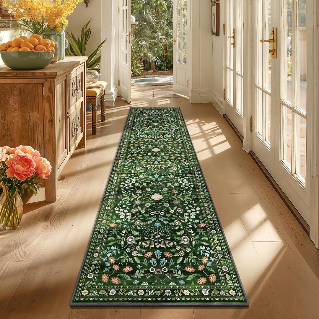 Yamaziot Washable Runner Rug 2x8 Boho Non Slip Floral Hallway Runner Rug with Rubber Backing, Low Pile Distressed Carpet for Kitchen, Laundry, Bedroom, Entrance, Colorful Green