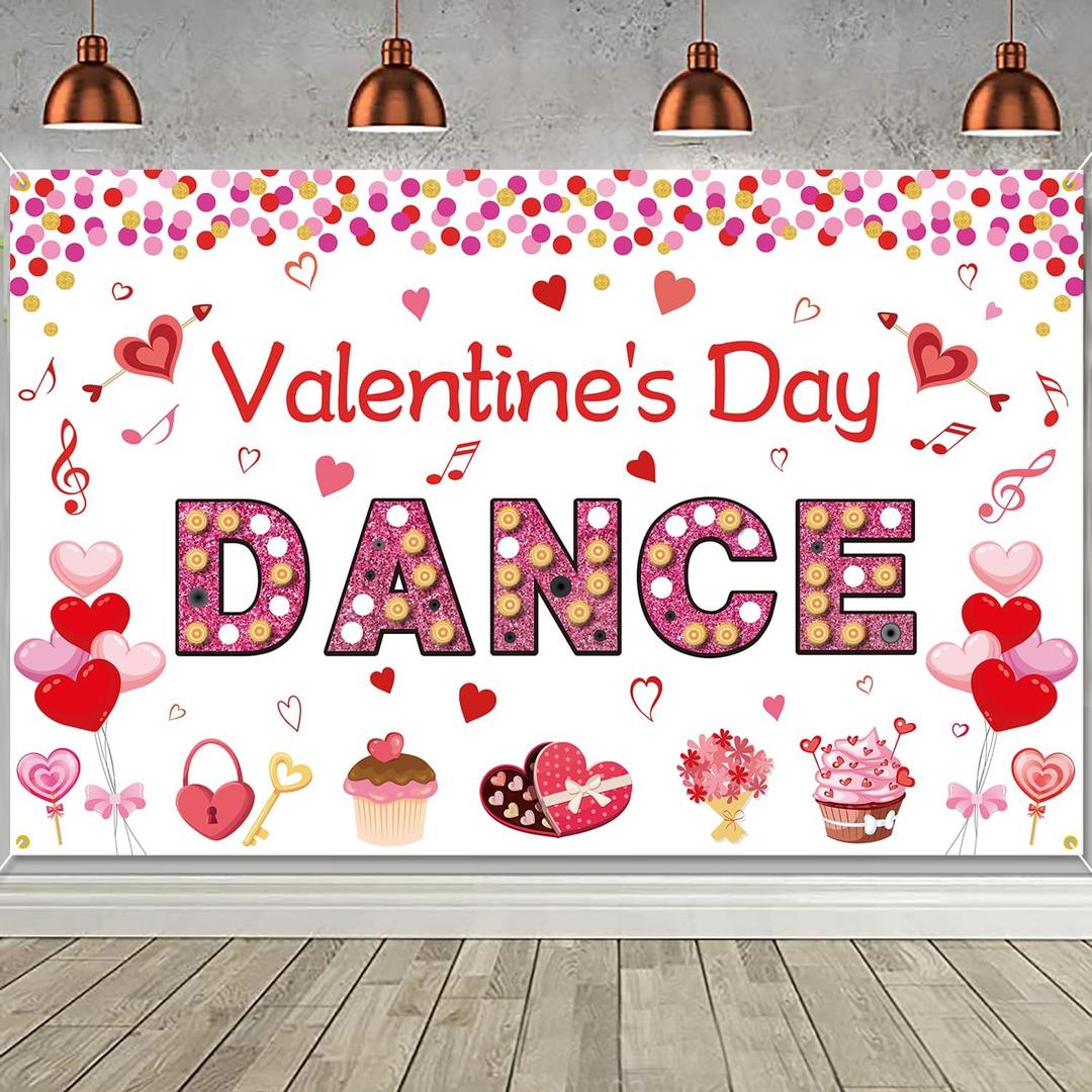 Valentine's Day Dance Backdrop Banner Valentines Day Banner Photography Background School Dance Flyer Party Church Community Event Sweetheart Dance Party Valentines Day Decorations Photo Booth Props, 45 x 71 inches
