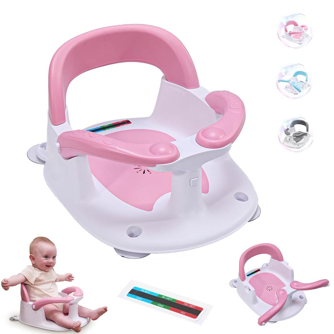Baby Bath seat for Babies 6 Months & up, 360 Stable Toddler Bath Chair with one-Touch Button, Back Hollow Design, Water Temperature Card & 4 Suction Cups for Safety (Pink)