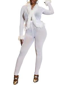 Ophestin Women Mesh 2 Piece Outfits Sexy See Through Crop Tops Bodycon Pants Cocktail Party Club Jumpsuit Set White XXL