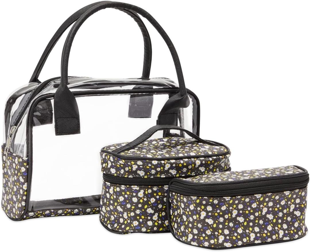 3 Pieces Travel Makeup Bag Set, Clear PVC Portal Organizer and 2 Daisy Cosmetic Travel Toiletry Pouch