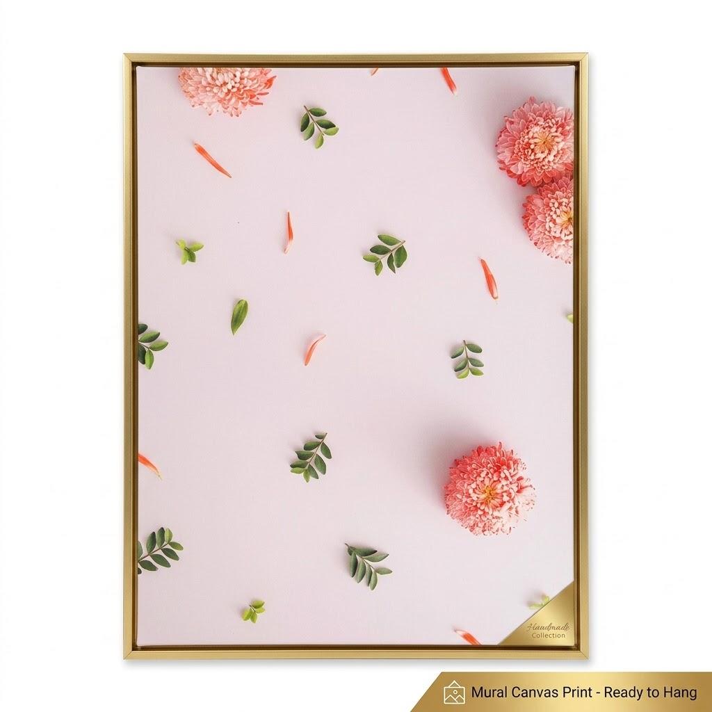 Blushing Floral Petals Canvas Wall Art with Gold Aluminum Frame, Canvas Wall Art Modern Paintings with Gold Foil Abstract Nature Wall Decorations for Home Office Living Room Bedroom 24" x 48"