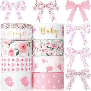 Kosiz 8 Rolls Pink Baby Shower Ribbon 7/8 Inch It's a Girl Ribbon Rose Flower Print Grosgrain Ribbons for Diaper Cake Gift Wrapping Wreath Bow DIY Craft Gender Revel Party Decor, 40 Yard Total