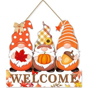 Fall Welcome Door Sign Decor, Gnomes Fall Hanging Sign Thanksgiving Wooden Signs Decorative Wall Plaque, Rustic Front Door Yard Farmhouse Home Autumn Harvest Decorations