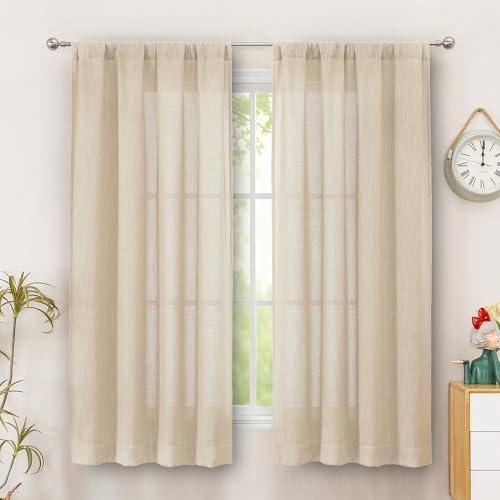 Linen Textured Curtains 52x 63 Inch Length 2 Panels for Bedroom, Semi Sheer Light Filtering Privacy Farmhouse Curtains, Soft Thick Rod Pocket Window Drapes