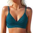 Limeeke Women's Twist Front Bikini Top V Neck Padded Swimsuit Top Adjustable Spaghetti Straps Bathing Suit Top (Blue Green)