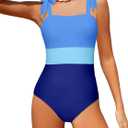 Girls Swimsuit One Piece Casual Color-Block Adjustable Straps Girls Bathing Suit Swimwear 9-16T (Blue, S)