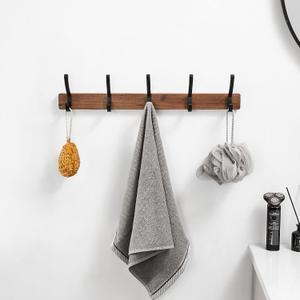 Coat Rack Wall Mounted, Heavy Duty Walnut Wood Hook Rack Rail with 5 Double Dual Metal Wall Hooks for Hanging Coats, 19.7" Long Hanging Coat Hanger for Entryway, Bathroom, Bedroom (Black)