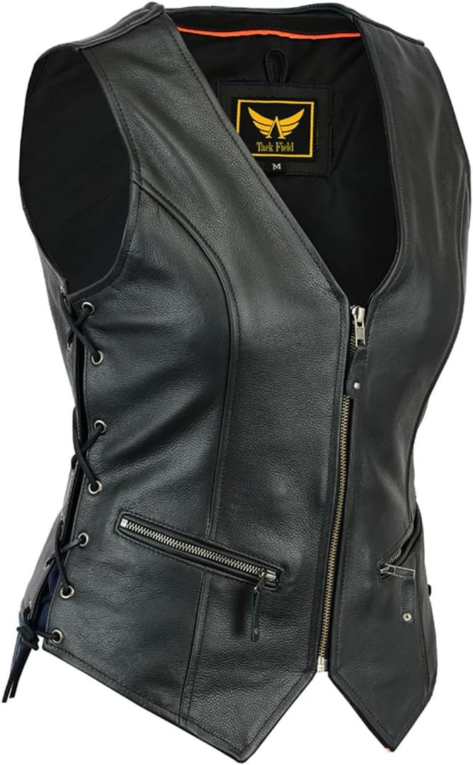 Womens Motorcycle Leather Vest Heavy-Duty Top Grain Cow Hide Classic Biker Style Vest (X-Small, Black)