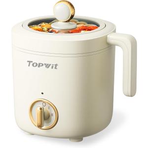 TOPWIT Hot Pot Electric Pot for Cooking, Ramen Cooker 1.2L, Non-Stick Portable Noodles Cooker for Pasta, Soup, Steak, Oatmeal, College Dorm Room Essentials, Shabu Shabu Pot with Power Adjustment,Beige