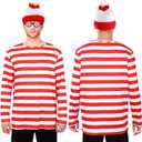 Adult Red and White Striped Cosplay Costume for Men Stripes Chirstamas Costumes Set with Glasses Hat Inflatable Cane (Red, XXL)