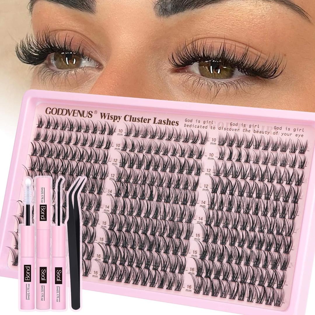 Goddvenus Lash Clusters Kit Wispy Eyelash Clusters Lashes Natural DIY Lash Extension Kit 10-16mm Cluster Eyelash Extensions Kit 300pcs C Curl Individual Lashes Cluster Eyelash H-CC Curl (With Tweezers)