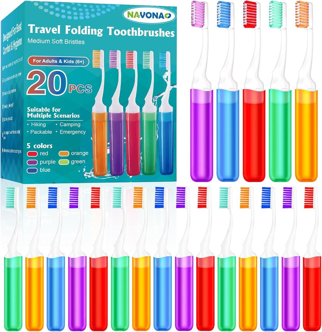 Navona 20 PCS Travel Toothbrush Set, Folding Mini Toothbrush, Potable Travel Size Toothbrushes, Medium Bristles, Individually Wrapped Bulk Toothbrushes for Camping, Hiking, School