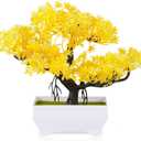 Mini Artificial Bonsai Tree Plants with Plastic Cement Pots for Home Office Dcor (Yellow)