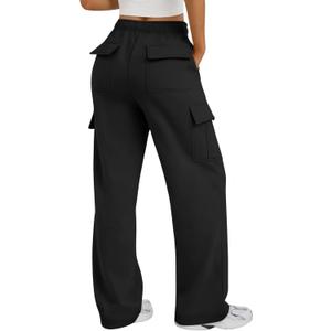 Trendy Queen Women's Cargo Sweatpants, Wide Leg Workwear Pants with Pockets & Elastic Waist, Casual Joggers for Travel (Medium, Black)