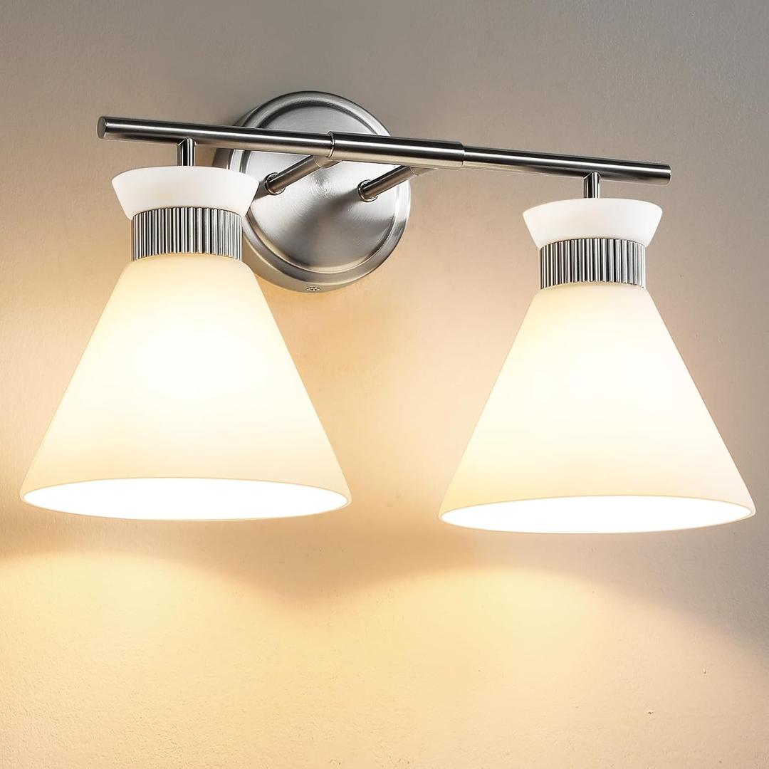 WOSHITU Bathroom Vanity Light Fixtures - Brushed Nickel Bathroom Lighting Fixtures Over Mirror 2-Lights with Modern Milky White Frosted Glass Shade, Mid Century Wall Light 17.3in (Exclude E26 Bulb)