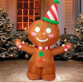 4FT Christmas Inflatables Decorations, Blow Up Brown Bear with Santa Hat and Holding Candy Cane with Built-in LEDs for Indoor Outdoor Yard Lawn Garden Decor