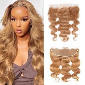 Blonde Transparent Lace Frontal Closure 13X4 Frontal Human Hair Ear To Ear #27 Blonde Body Wave Grade 10A Brazilian Remy Human Hair High Density Natural Hairline 16 Inch